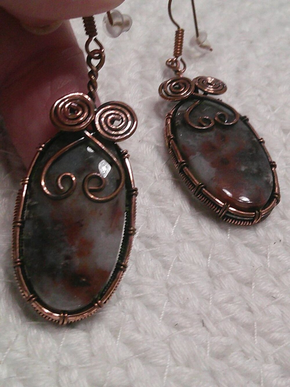 Rustic RED MOSS AGATE Handmade COPPER WIRE-WRAPPED Dangle Earrings #40F